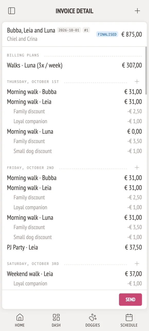 Tail Trail schedule showing events and attendance for dog daycare and walking services