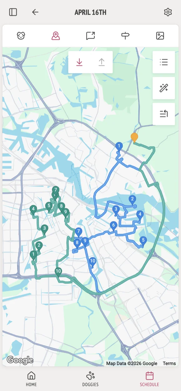 Tail Trail routes screen showing route planning, stops, and map-based transport management