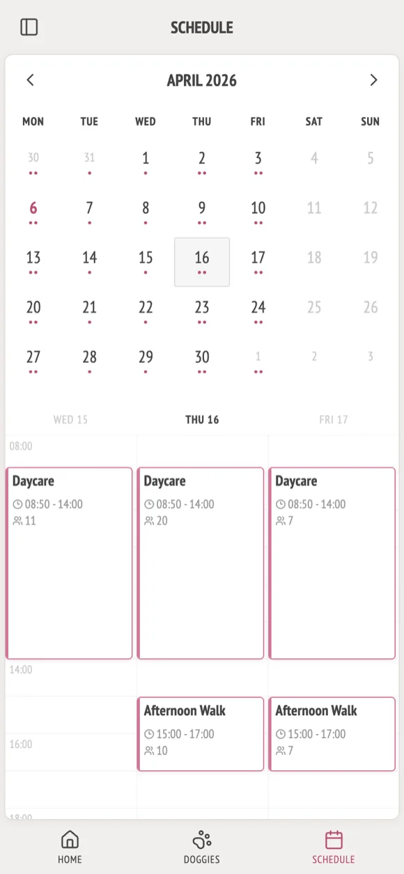 Tail Trail schedule screen showing daily attendance and schedule management